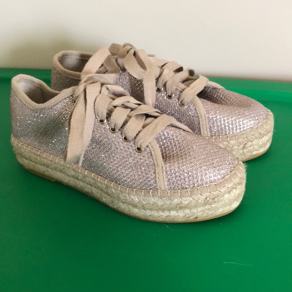 Never worn new espadrilles platform gold fabric shoes made In Spain - Picture 1 of 8